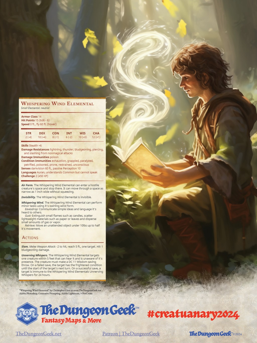 D&D 5e Creature Feature – Whispering Wind Elemental (CR 2) – #Creatuanary2024