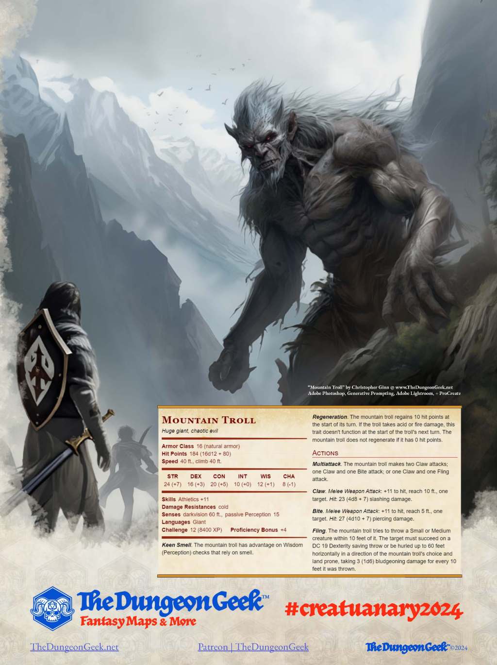 D&D 5e Creature Feature – Mountain Troll (CR 12) – #Creatuanary2024