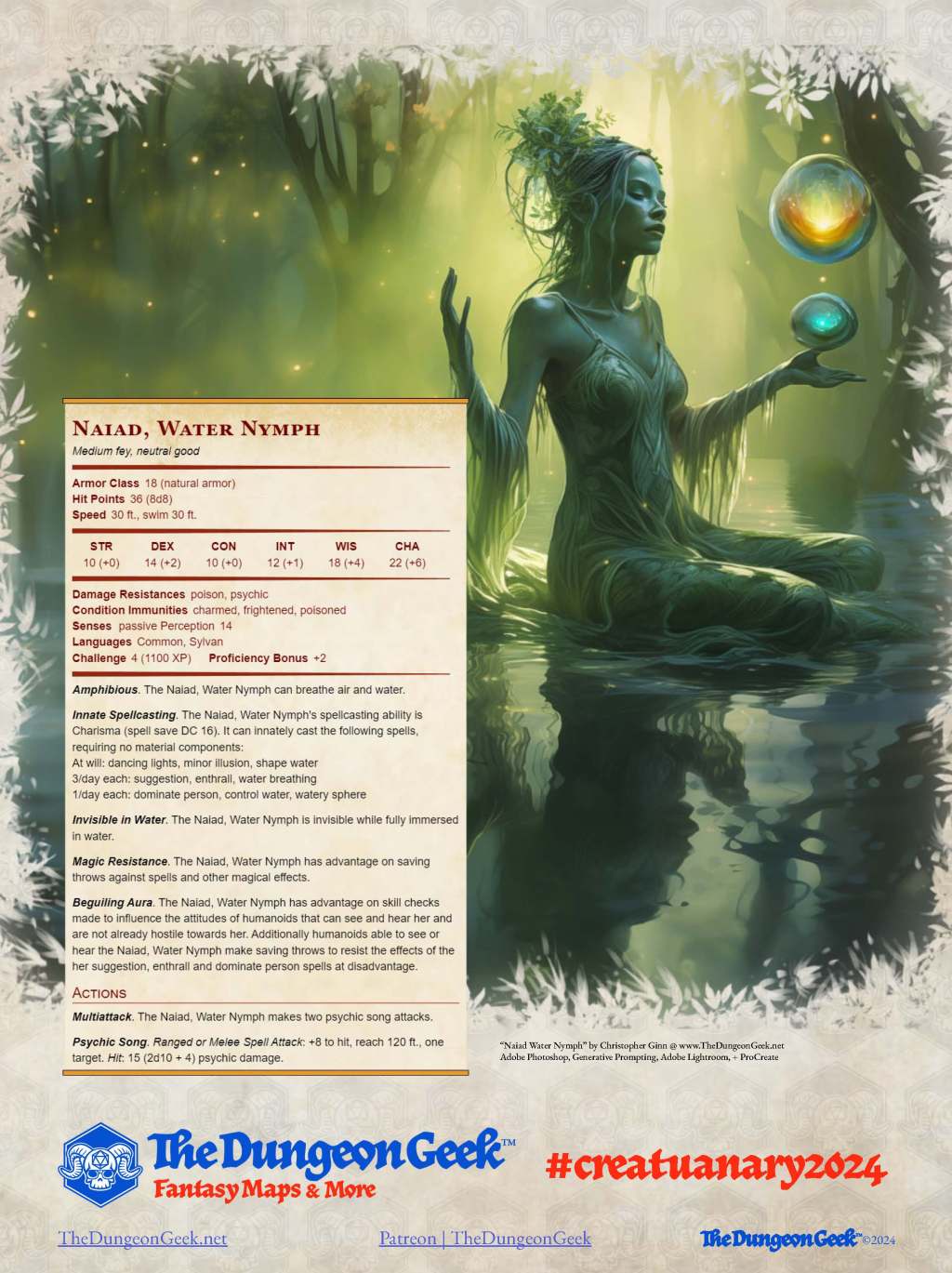 D&D 5e Creature Feature – Naiad, Water Nymph (CR 4) – #Creatuanary2024
