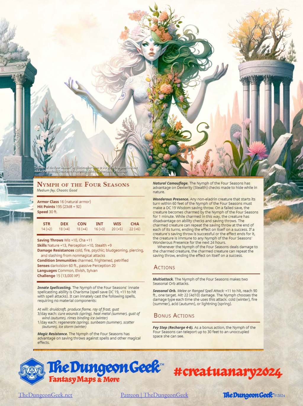 D&D 5e Creature Feature – Nymph of the Four Seasons (CR 15 ) – #Creatuanary2024