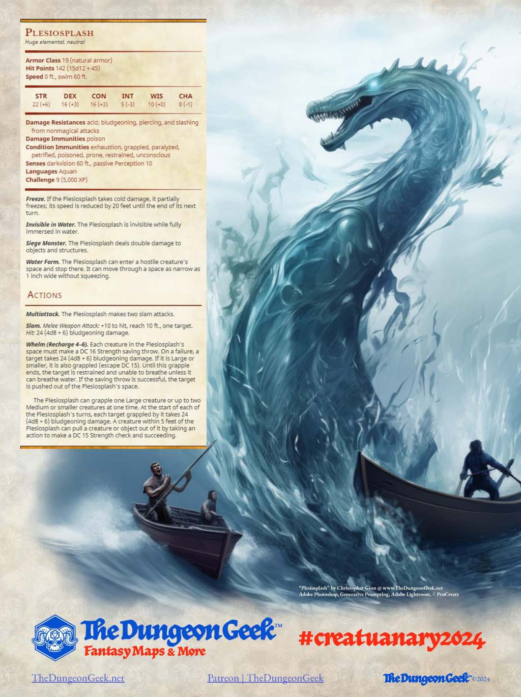 D&D 5e Creature Feature – Plesiosplash (CR 9) – #Creatuanary2024