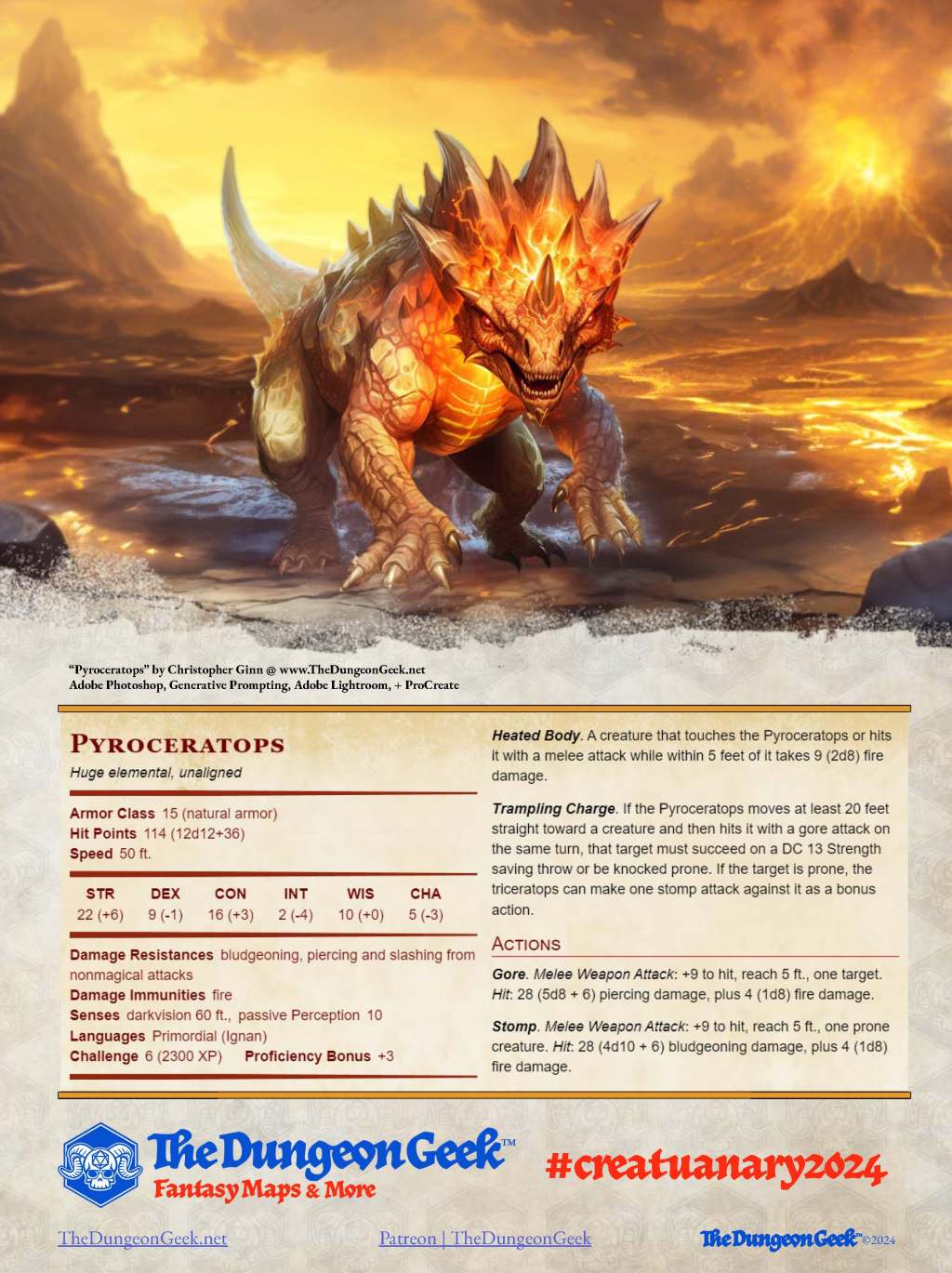 D&D 5e Creature Feature – Pyroceratops (CR 6) – #Creatuanary2024