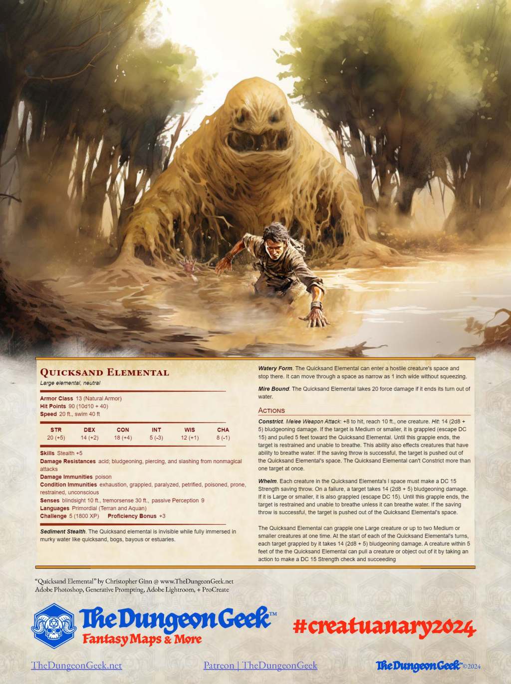D&D 5e Creature Feature – Quicksand Elemental (CR 5) – #Creatuanary2024