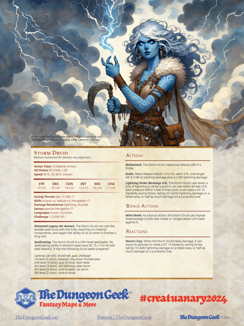 D&D 5e Creature Feature – Storm Druid, Air Genasi (CR 7) – #Creatuanary2024